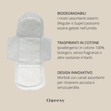 Carica l'immagine nel visualizzatore di Gallery, Queesy: caratteristiche tecniche assorbenti esterni con ali in cotone biologico e biodegradabili.